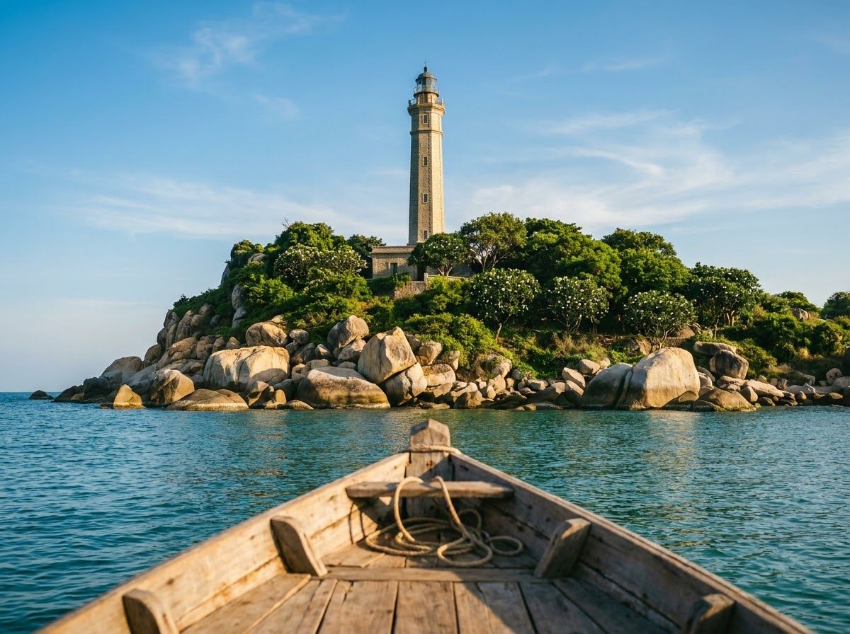 Octagonal granite lighthouse tower on a rocky islet, seen from the bow of a small wooden boat on turquoise water