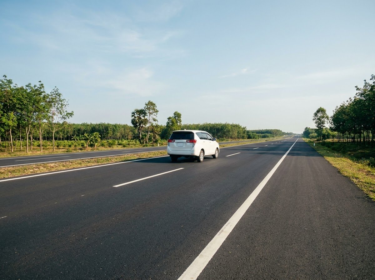 Wide expressway running through flat green countryside under a clear morning sky