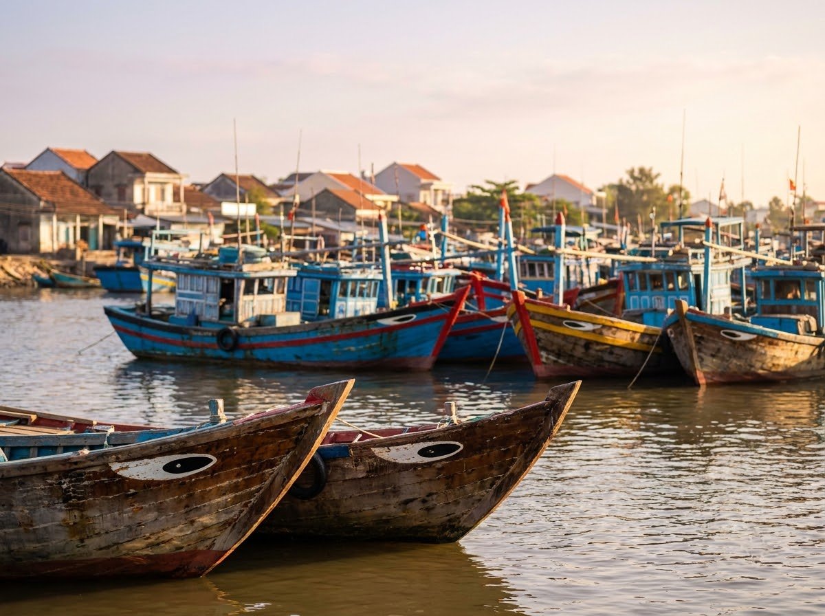 Colourful wooden fishing boats moored on a river in a coastal Vietnamese city