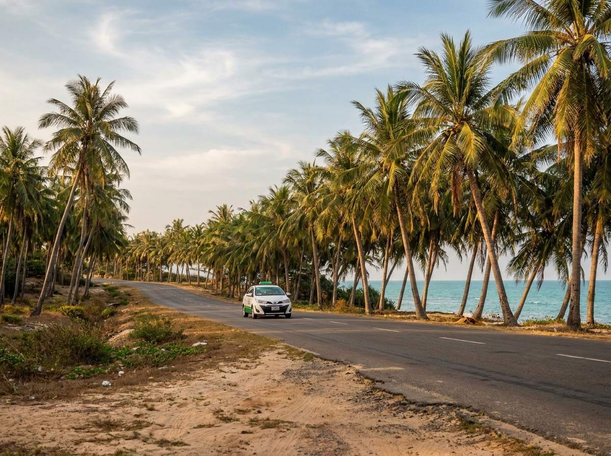 Seaside road at Tien Thanh with a white car passing coconut palms and the sea beyond