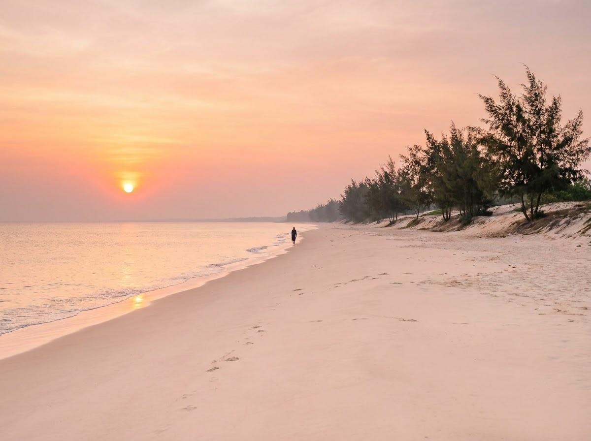 Long, nearly empty beach at sunrise with casuarina trees along the dunes and a calm sea